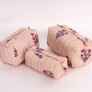 Hand Block Printed Cotton Vanity Bag Set: Quilted Cosmetic Pouches