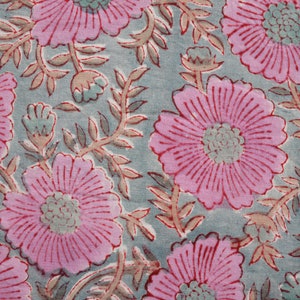 Pink and Grey Beautiful floral Hand Block Print Cotton fabric, India Fabric, Fabric by the yard, Floral Print, Women&#39;s Dress sewing fabric