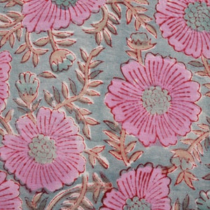 Pink and Grey Beautiful floral Hand Block Print Cotton fabric, India Fabric, Fabric by the yard, Floral Print, Women's Dress sewing fabric