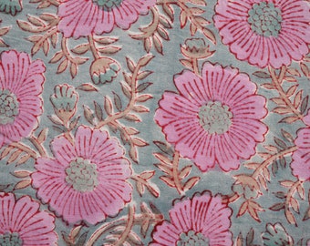 Pink and Grey Beautiful floral Hand Block Print Cotton fabric, India Fabric, Fabric by the yard, Floral Print, Women's Dress sewing fabric