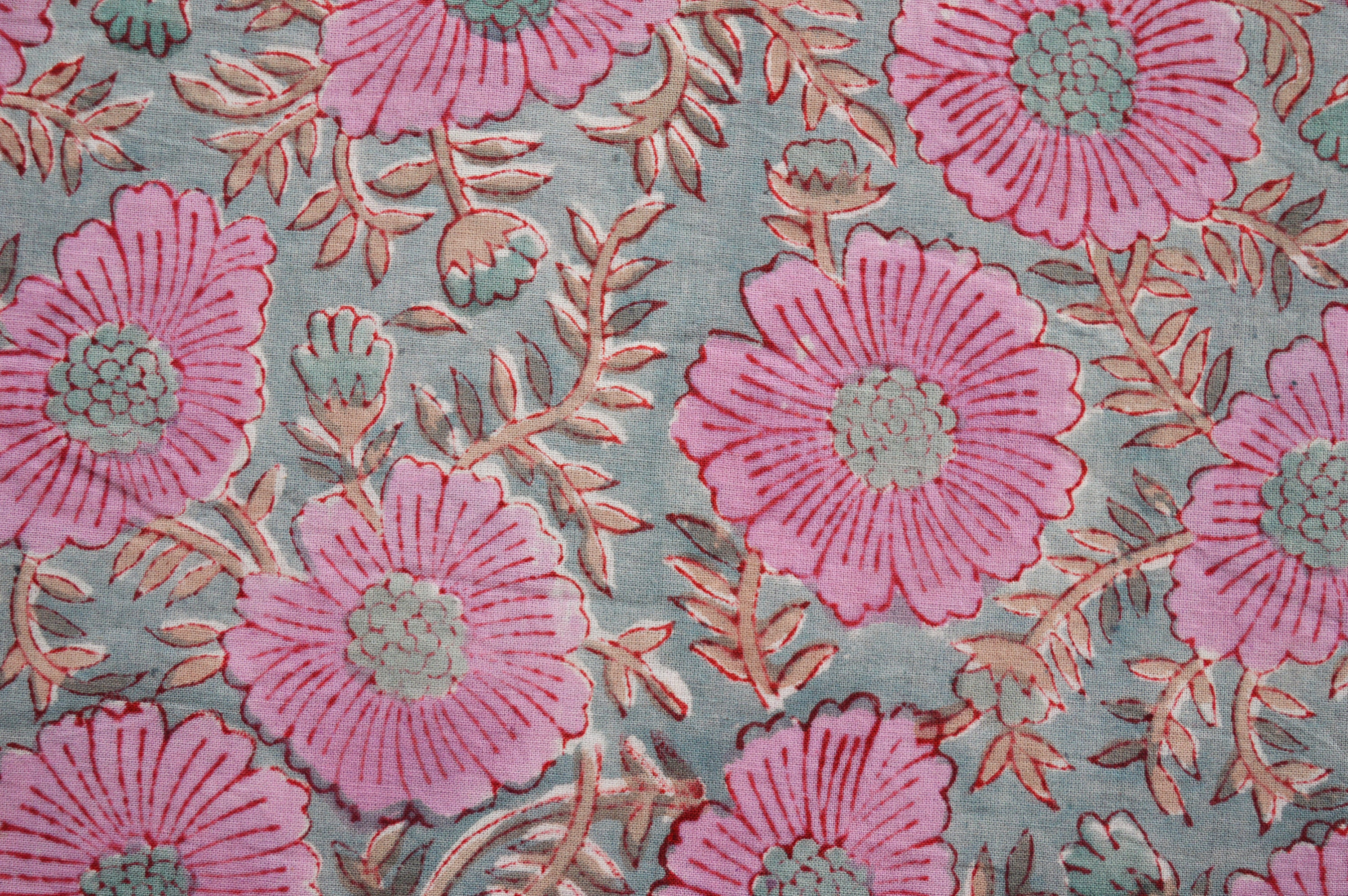 Pink and Grey Beautiful floral Hand Block Print Cotton fabric, India Fabric, Fabric by the yard, Floral Print, Women's Dress sewing fabric