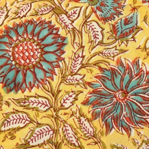 Floral Block Print Cotton Fabric: Yellow & Blue India Fabric