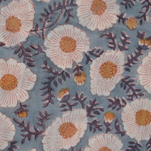 Daisy Flower Hand Block Print Cotton Fabric by the Yard, Jaipur Indian Floral Block Print Textile, Women fashion Dressmaking Sewing Material Grey & Yellow