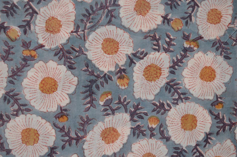 Daisy Flower Hand Block Print Cotton Fabric by the Yard, Jaipur Indian Floral Block Print Textile, Women fashion Dressmaking Sewing Material Grey & Yellow
