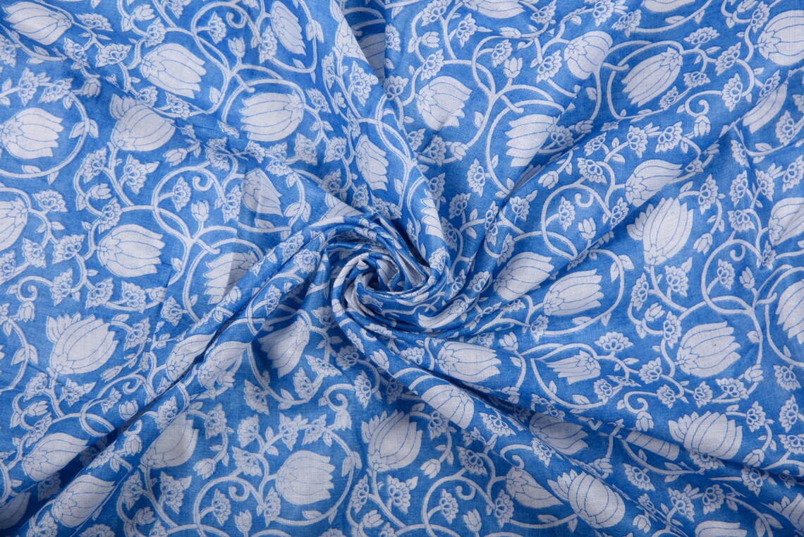 Blue Floral Print Cotton Fabric Floral Fabric Fabric by the Etsy
