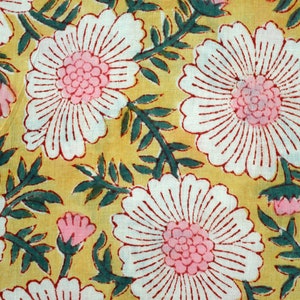 Tessuto di cotone con stampa a blocchi di fiori gialli, tessuto indiano, tessuto tagliato su misura, stampa floreale, tessuto da cucito per abiti da donna, tessuti indiani