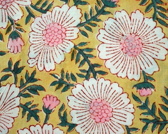 Daisy Flower Hand Block Print Cotton Fabric by the Yard, Jaipur Indian Floral Block Print Textile, Women fashion Dressmaking Sewing Material