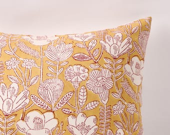 Yellow Floral Block Print Cushion Cover, Boho Cushion for Farmhouse Décor, Decorative Pillow, Neutral Throw Pillow Combo, Botanical Pillow