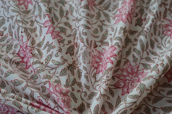 Floral Block Print Baumwollstoff: Pink Grün Indische Stoffe