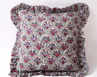 Abstract Floral Cushion Cover | Cotton Ruffle Edge Pillow | Cottage Core Boho Decorative Throw Pillow | Hand Block Print Cushion Cover