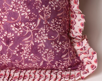 Purple Floral Hand Block Print Cushion Cover with Ruffled Edge – 100% Cotton Boho Throw Pillow – Decorative Farmhouse Pillowcase with Zipper