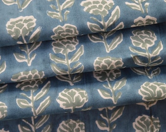 May include: Blue fabric with a white floral pattern. The fabric has a textured surface and a slightly faded look.