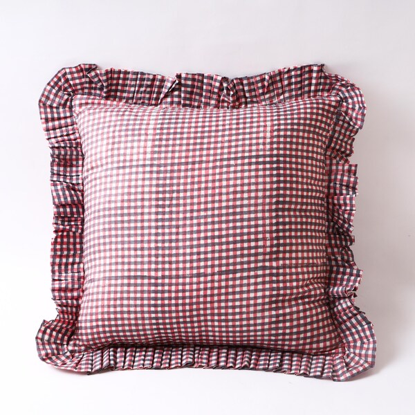 Handcrafted Block Print Cushion Cover: Green & Pink Gingham with Ruffle