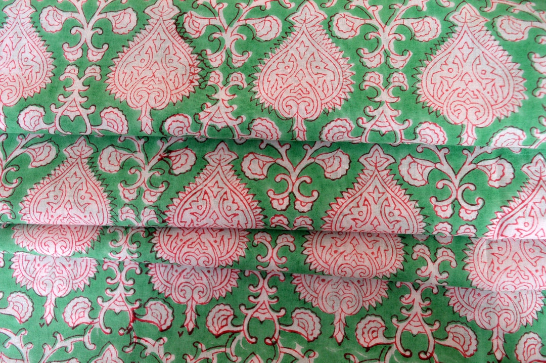 Red & Green Mughal Print Fabric, Block Print Fabric, India Fabric