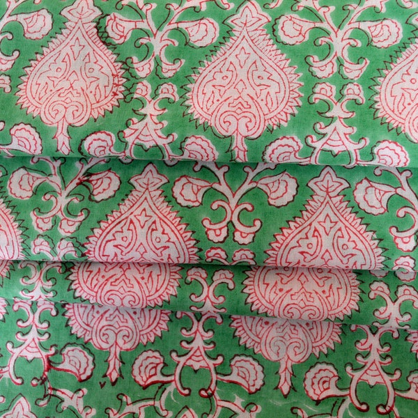 Red & green Mughal Print Fabric, Block Print Fabric, India Fabric, Printed Cotton Fabric, Fabric by yard, Hand Block Print Fabric of India