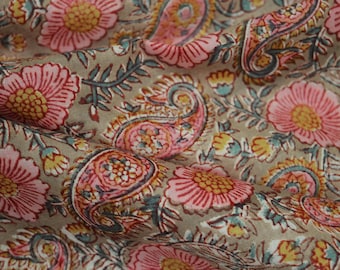 Floral Hand Block Print Cotton Fabric: Beige Indian Textile by the Yard