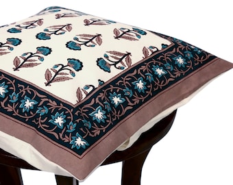 Hand Block Printed Cushion Cover: Indian Floral Pillow Cover (16x16")