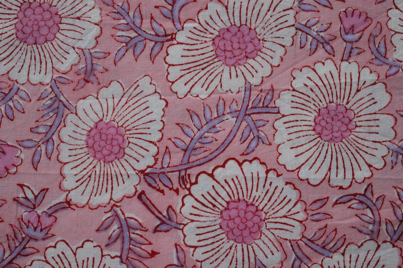 Daisy Flower Hand Block Print Cotton Fabric by the Yard, Jaipur Indian Floral Block Print Textile, Women fashion Dressmaking Sewing Material Pink & Pink