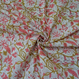 Hand Block Print Cotton Fabric: Pink Floral Mughal Fabric by the Yard