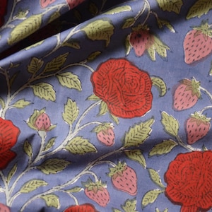 Red Rose floral print bohemian fabric in 100% pure cotton, hand block print Indian textiles, soft & breathable material sold by the yard image 1