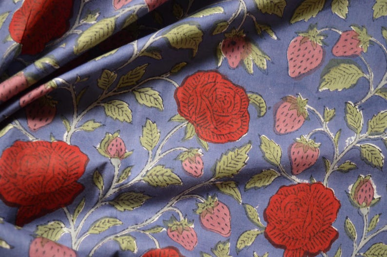 Red Rose floral print bohemian fabric in 100% pure cotton, hand block print Indian textiles, soft & breathable material sold by the yard image 1