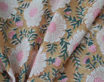 Honey Yellow cotton fabric, India Fabric, Fabric by the yard, Floral Block Print, women fashion Dress sewing fabric, Indian textiles