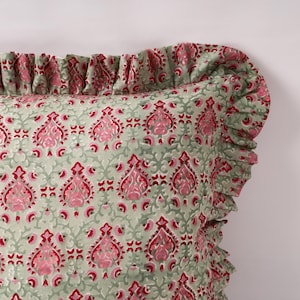 Cottage Core Pillow, Indian Hand Block Cushion Covers, Farmhouse Decor, Throw Pillows, Decorative Pillow, Boho Frill Cushion for Home Décor