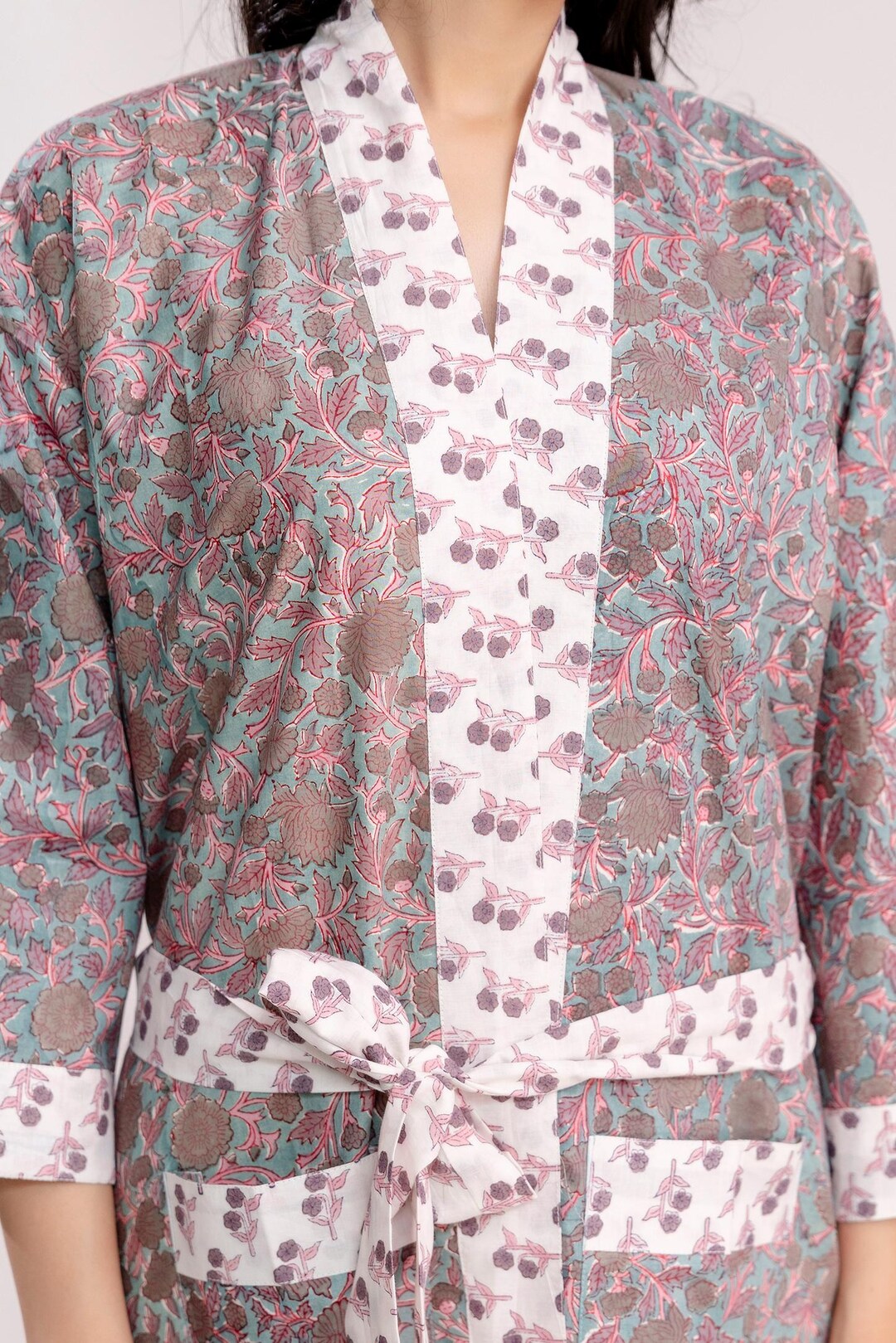 Block Print Robe Hand Block Print Cotton Kimono Robe: Boho Floral Lightweight Loungewear ...