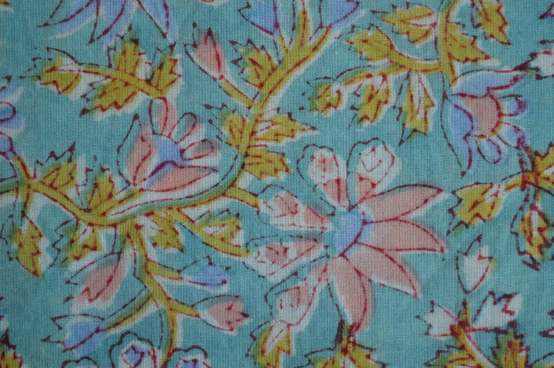 Get your hands on this beautiful handmade floral block print cotton fabric from India, perfect for women's dresses and handcrafted items. image 2