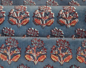 Mughal Floral Block Print Fabric: Grape Black Indian Cotton