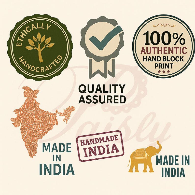 May include: A collection of circular and rectangular seals with text and graphics. The seals include phrases like "Ethically Handcrafted", "Quality Assured", and "100% Authentic Hand Block Print". The image also features a map of India and an elephant.