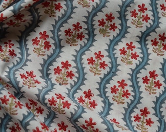 Jaipur Hand Block Printed Cotton Fabric Red and Blue Blossoms and Teal Lattice Design, Artisan Dress Fabric for Sewing and Home Projects