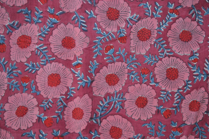 Daisy Flower Hand Block Print Cotton Fabric by the Yard, Jaipur Indian Floral Block Print Textile, Women fashion Dressmaking Sewing Material Red & Blue
