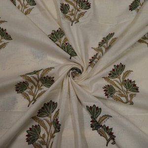 Hand Block Print Fabric by the Yard, Indian Textiles, Women&#39;s Dressmaking Sewing Fabric, 100% Pure Cotton Fabric, Green Floral Motifs