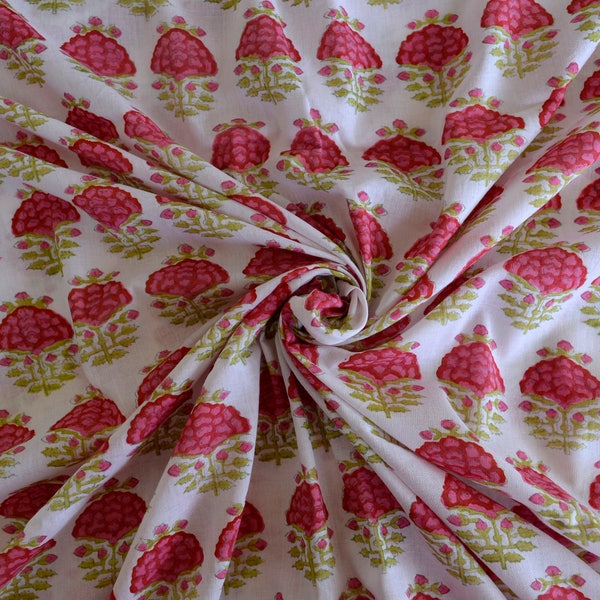 Beautiful Pink Fabric, Hand Block Printed Soft Voile Cotton Fabric, India Fabric, Block Print, Floral Fabric, Fabric Sold By Yard