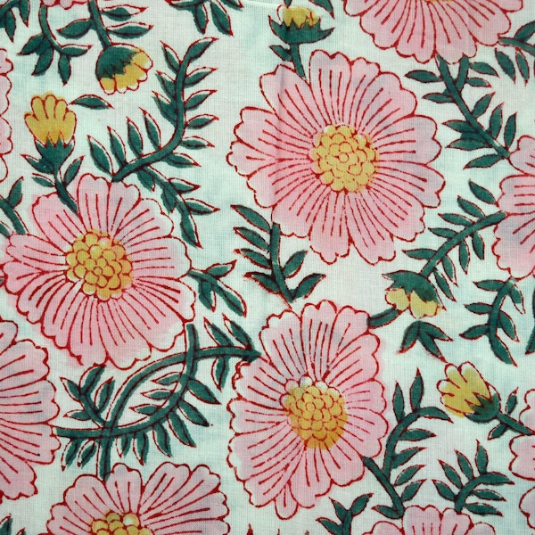 Handtryckt bomullstyg i bomull, Jaipur Sanganeri blommig indisk textil, blocktryckt sömnadstyg, quiltningsmaterial