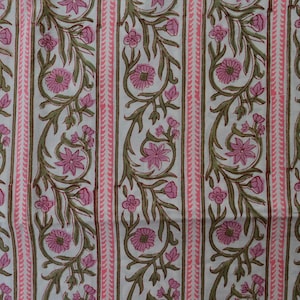 Tissu en coton imprimé main : rayures florales vertes et roses, tissu indien par mètre
