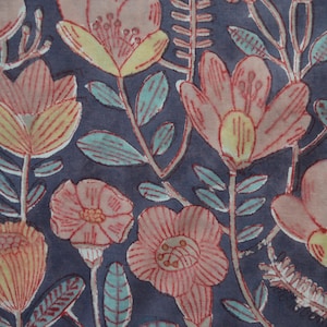 Pu&ograve; includere: Un tessuto blu con un motivo floreale. I fiori sono rosa, gialli e bianchi con contorni rossi. Il tessuto ha un aspetto vintage.