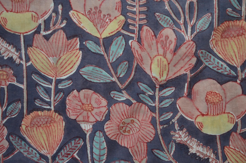 Pu&ograve; includere: Un tessuto blu con un motivo floreale. I fiori sono rosa, gialli e bianchi con contorni rossi. Il tessuto ha un aspetto vintage.