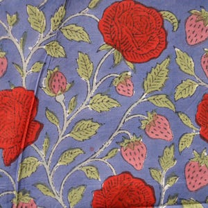 Red Rose floral print bohemian fabric in 100% pure cotton, hand block print Indian textiles, soft & breathable material sold by the yard image 2