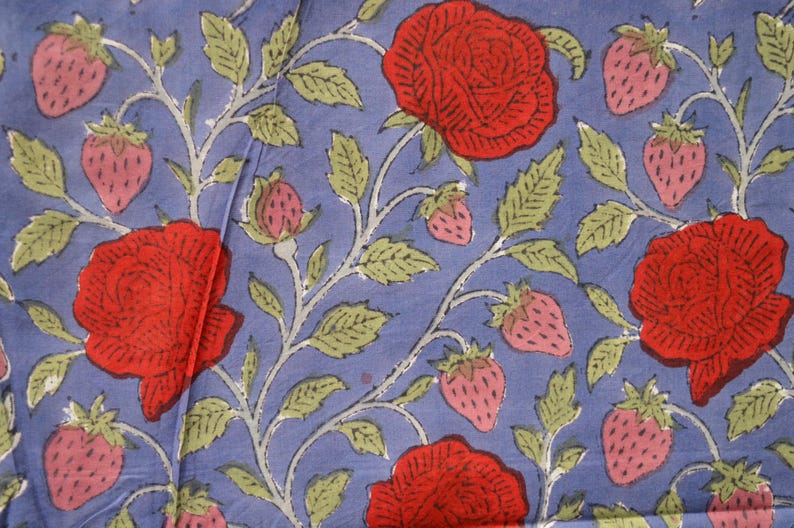 Red Rose floral print bohemian fabric in 100% pure cotton, hand block print Indian textiles, soft & breathable material sold by the yard image 2