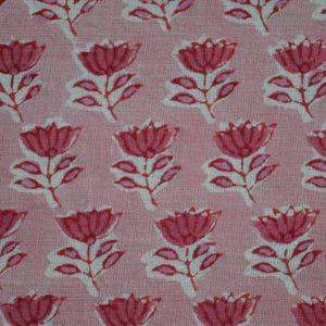 Pink Floral Block Print Fabric, Indian Cotton by the Yard, Soft Material for Baby Clothes & Quilting, Boho Sewing Textile