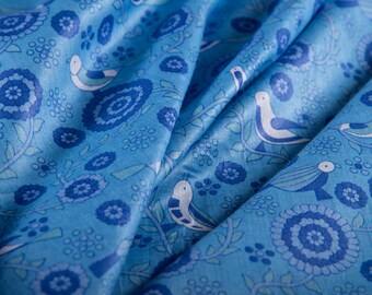 Beautiful Blue Bird Print Soft Fabric, Cotton Print India  Fabric Sold By Yard, Beachwear Sarongs Dress Fabric, Soft Thin Fabric for Kaftans