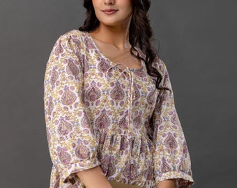 Block Print Cotton Mini Dress: Boho Floral Mughal Design