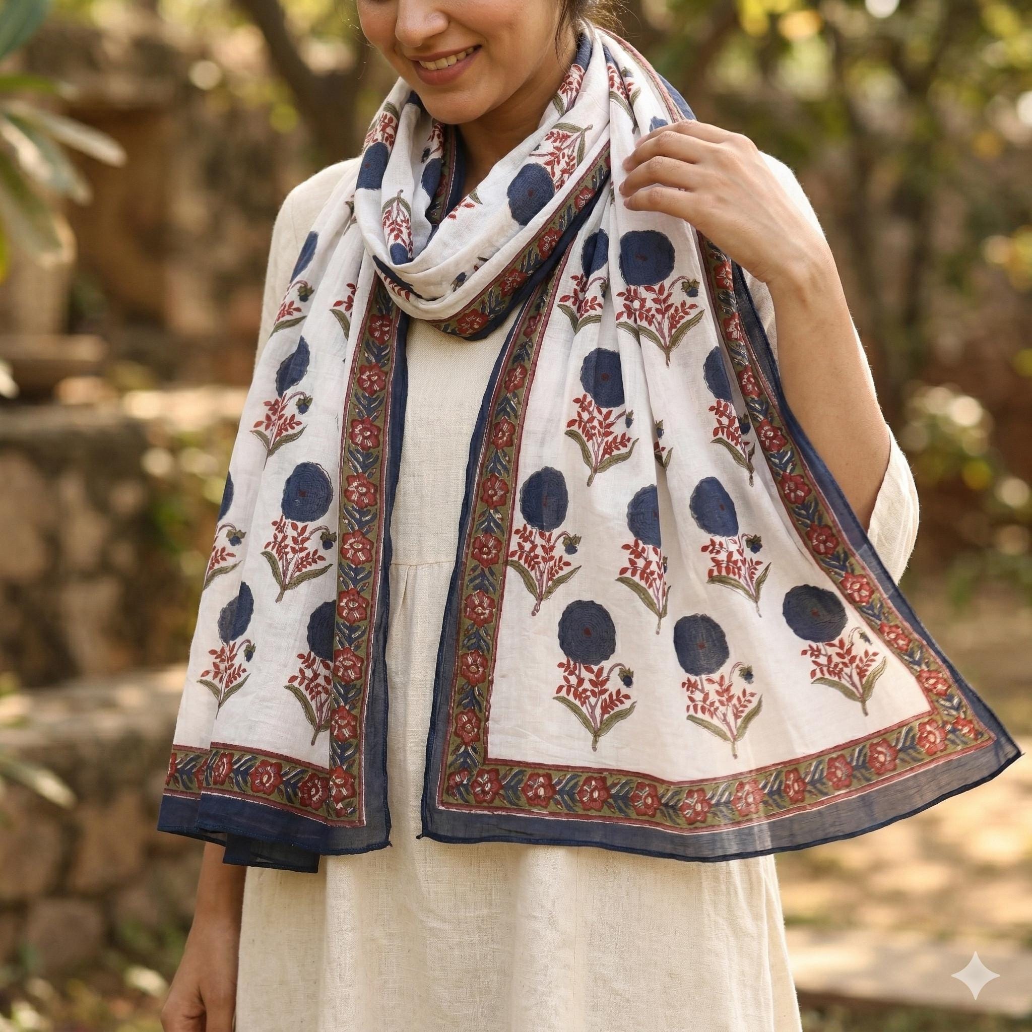 White Indigo Red Booti Hand Block Print Cotton Scarf Classic