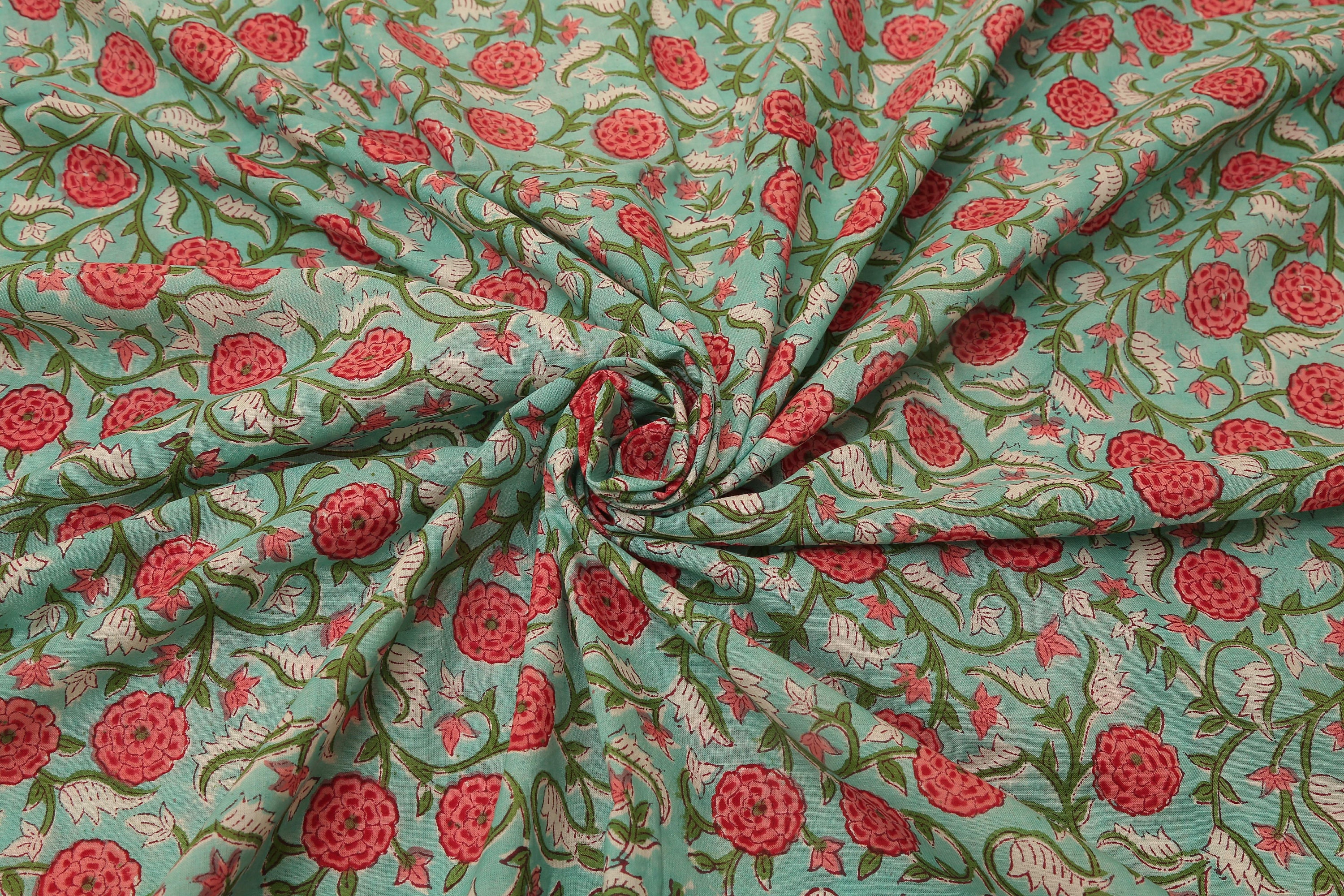 Sea Green Floral Print Fabric Block Print Fabric India Etsy