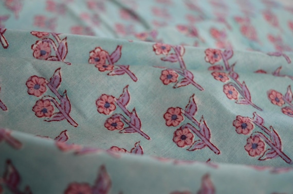 Beautiful Block printed cotton fabric with tiny pink floral buti on aqua blue, soft mulmul style breathable cloth for sewing dresses