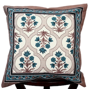 Block Printed Cushion Cover, Beautiful Mughal print cushion cover- Indian Cushion Cover- pillow cover 16x16&quot;, Decorative cushion cover