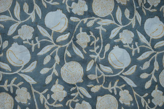 Grey Pomegranate hand block print fabric, Indian textiles in soft material 100% pure cotton, sustainable and sold by the yard