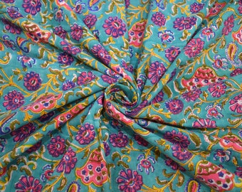 Aqua Floral Print Cotton Fabric: Hand Block Printed India Fabric